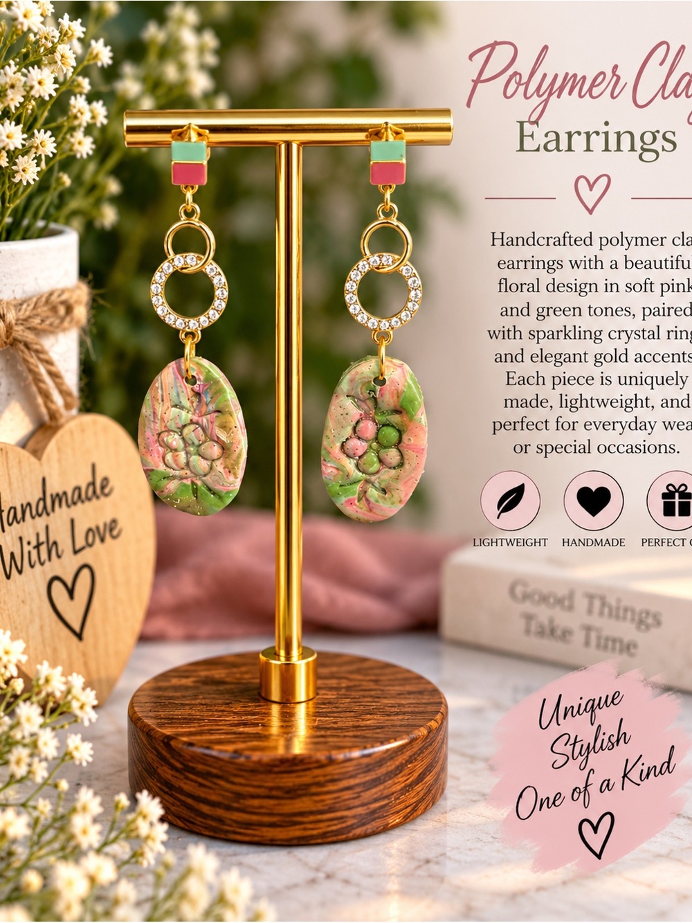 Handmade Floral Polymer Clay Drop Earrings in Pink & Green with Gold Accents